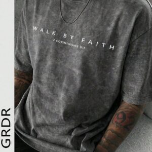 GRDR Men's Letter Print Washed Round Neck Short Sleeve T-Shirt, Comfortable & Breathable For Summer Wear